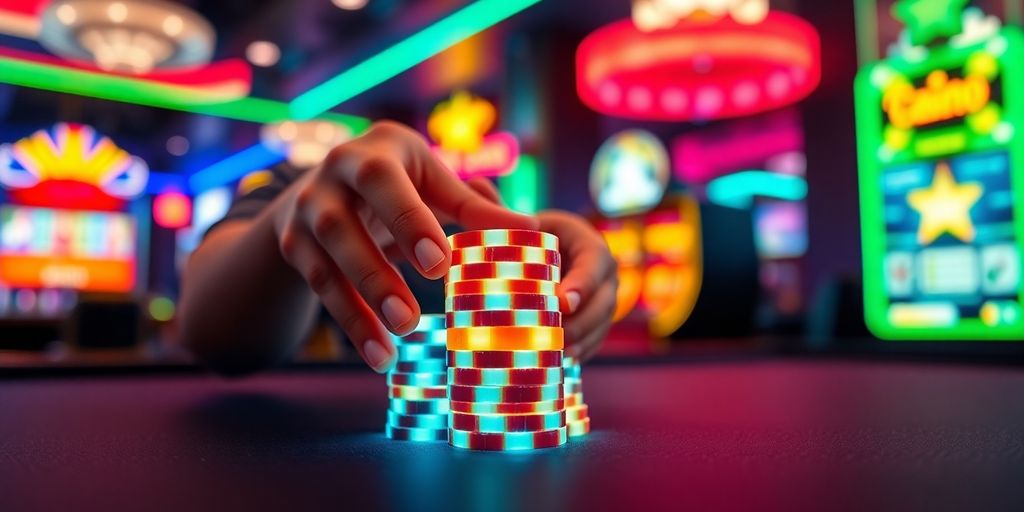 Hands stacking glowing futuristic casino chips on a sleek table.