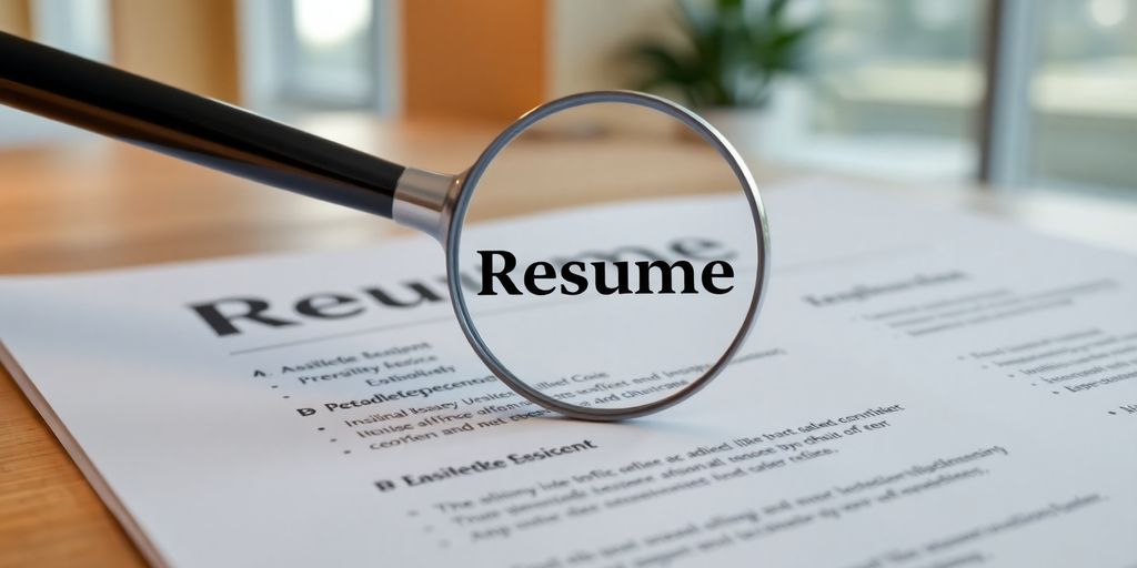 Polished resume, magnifying glass, strategic career words.