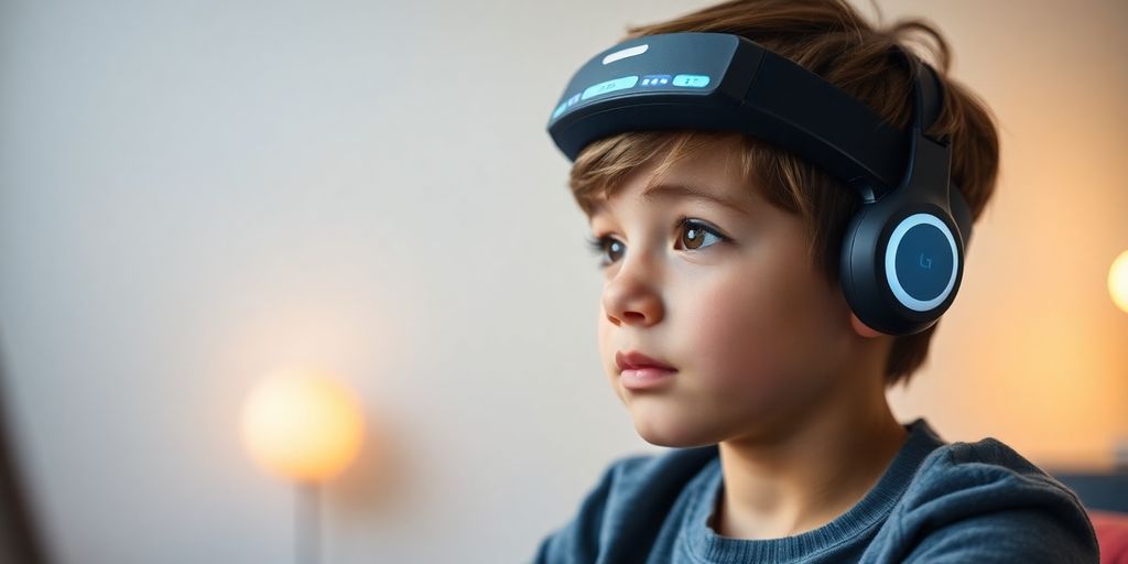 Child using neurofeedback for improved focus in therapy.