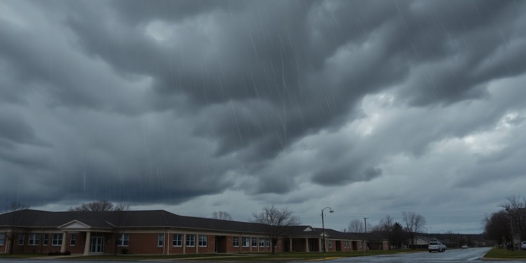 Ciel orageux avec fortes pluies sur des rues désertes.