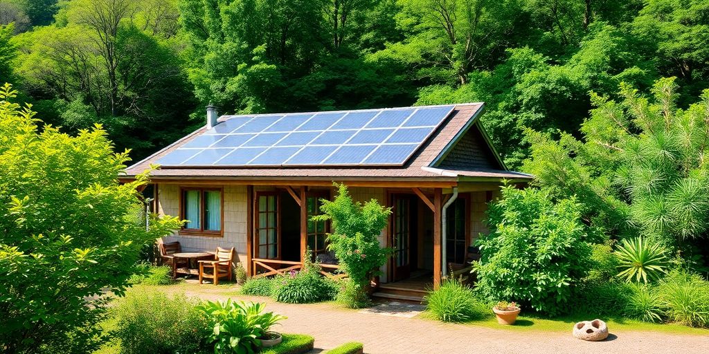 Logement écologique entouré de verdure luxuriante.