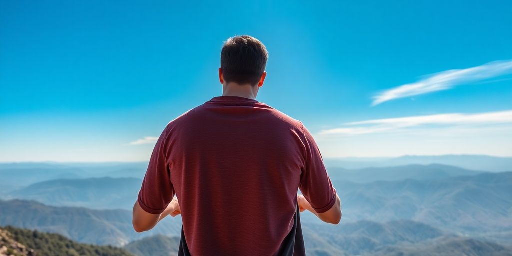 Person gazing at a serene mountain landscape.