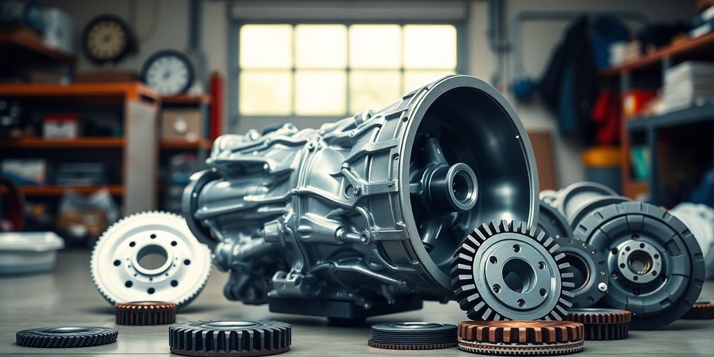 Chrysler transmission and parts arranged neatly.