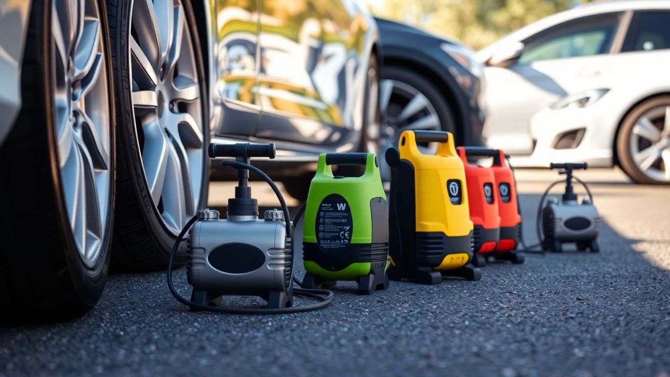 Portable air pumps beside car tires on asphalt