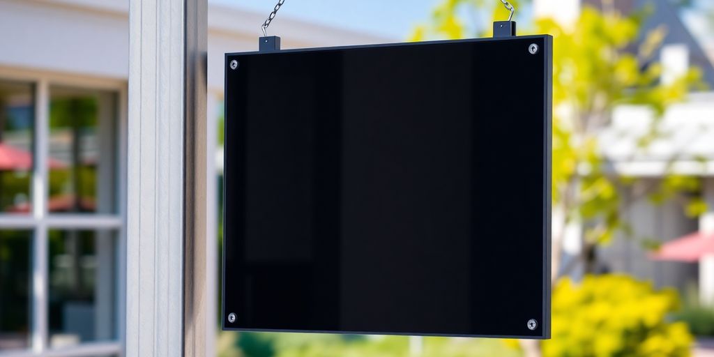 Hanging double-sided display outdoors.