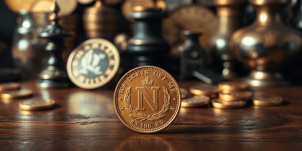 Pièce de monnaie Napoléon en or sur une table en bois.