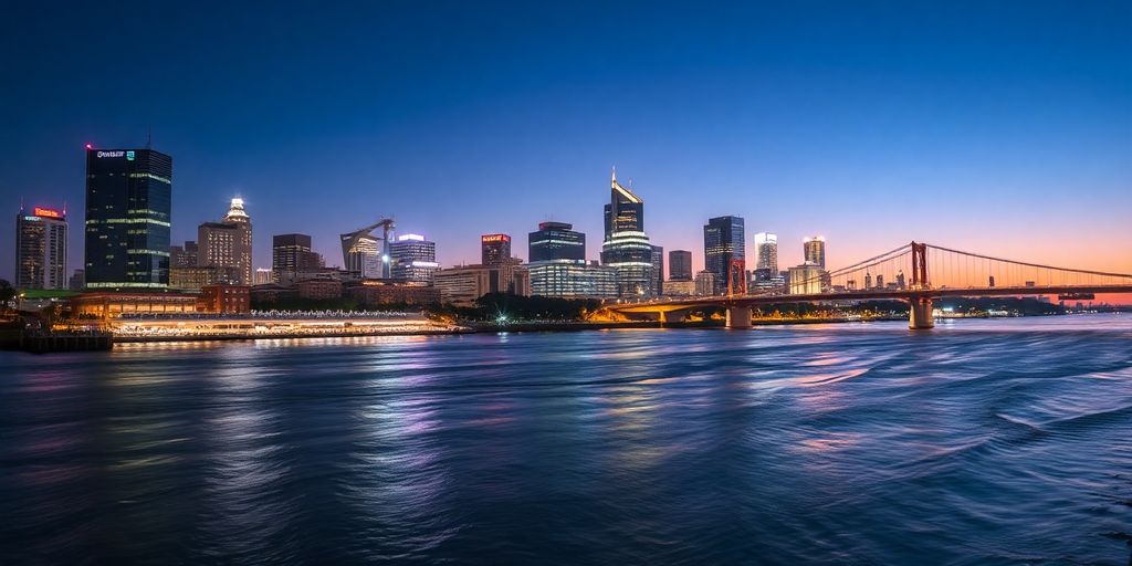 Modern Fukuoka skyline, Naka River, vibrant city lights
