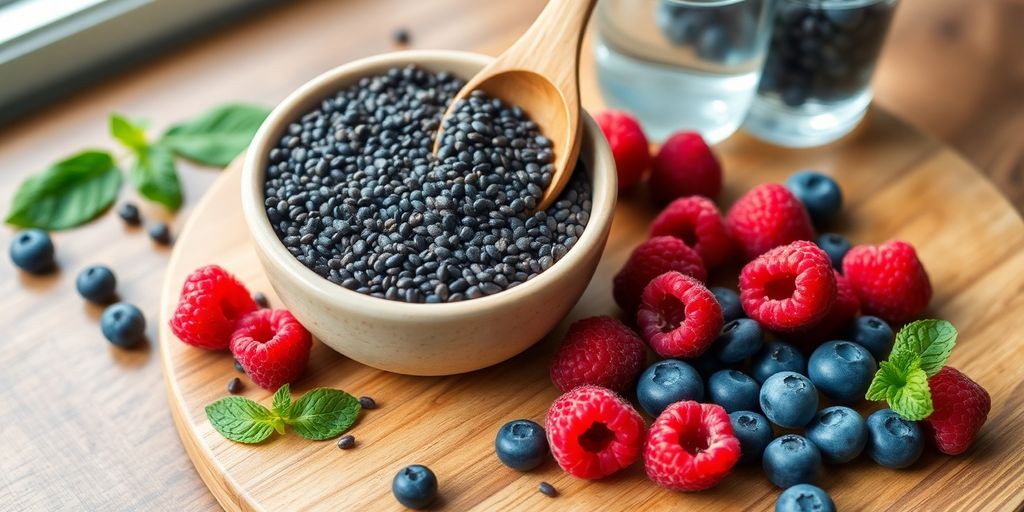 Bowl of black and white chia seeds with fresh berries.