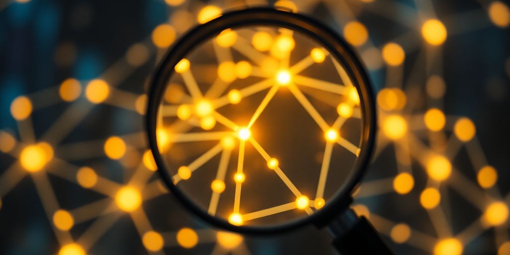 Magnifying glass over abstract digital connections.