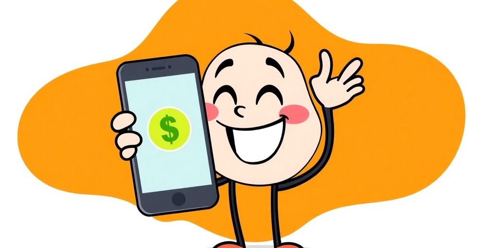 Cartoon hands receiving cash from a digital device.