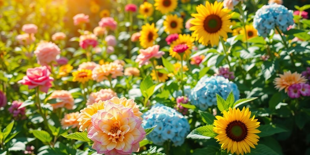 Lush, vibrant garden with colorful flowers and healthy plants.