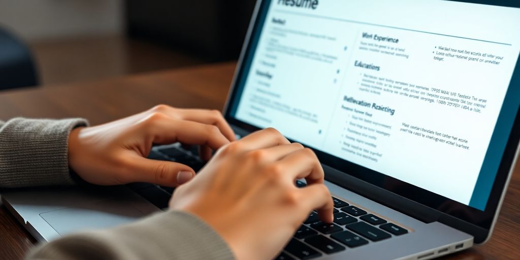 Laptop displaying resume, person crafting CV.
