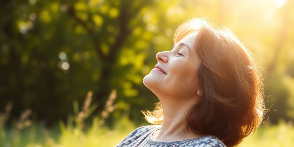 Mulher em paz na natureza durante a menopausa.