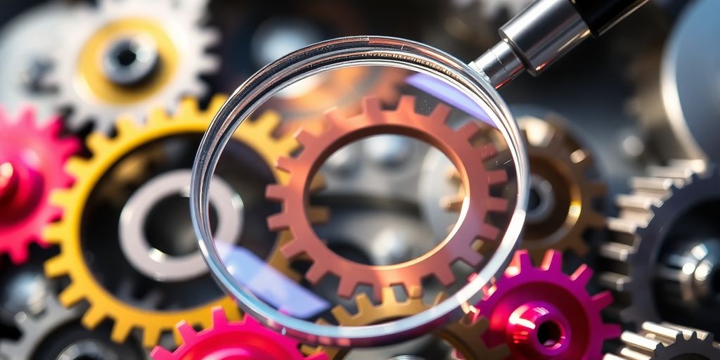Magnifying glass over vibrant, interconnected gears