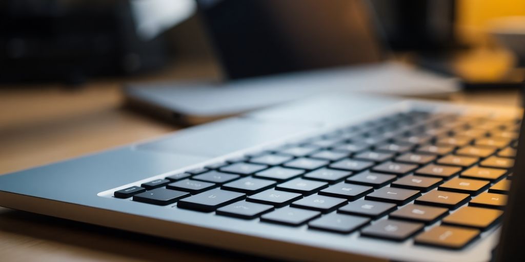 Teclado de laptop com tela ligeiramente aberta.