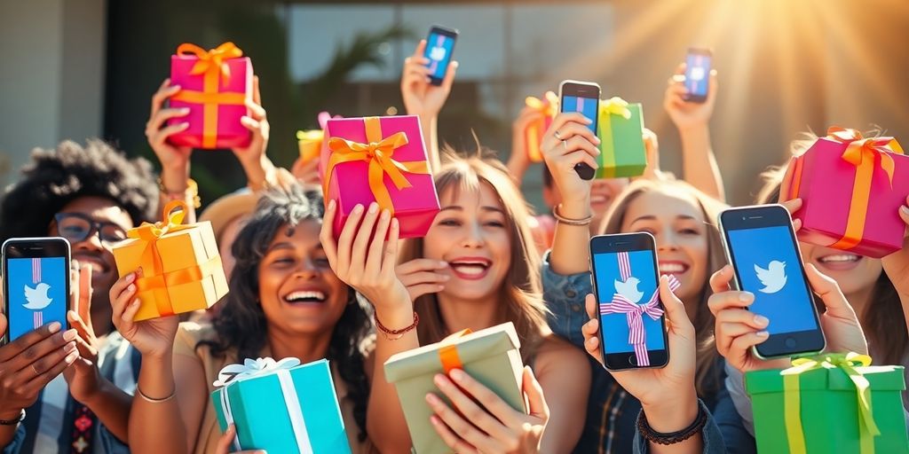 People celebrating with gift boxes and social media icons.