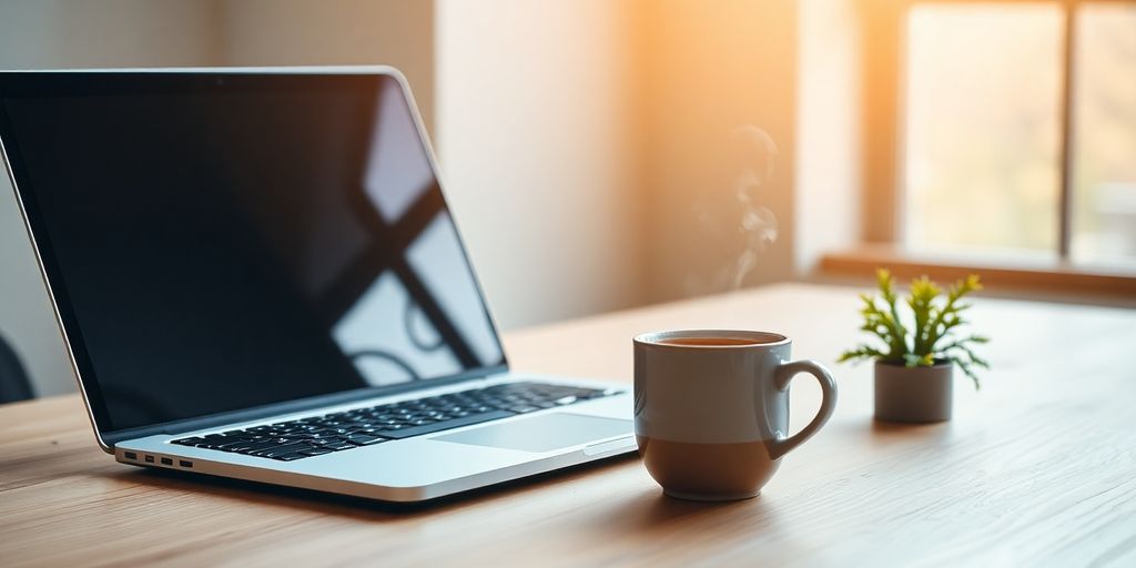 Laptop, coffee, and neatly arranged desk items.