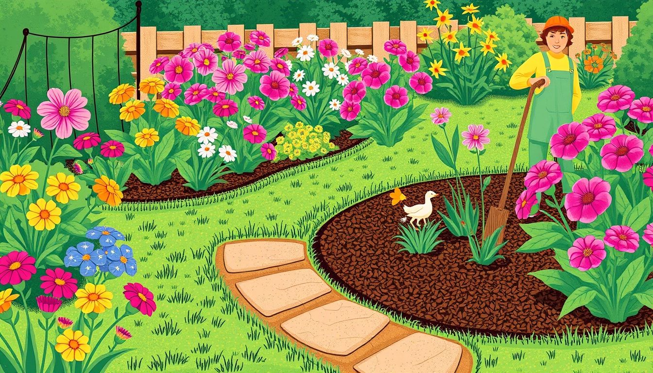 Gardener applying mulch in a vibrant flower garden