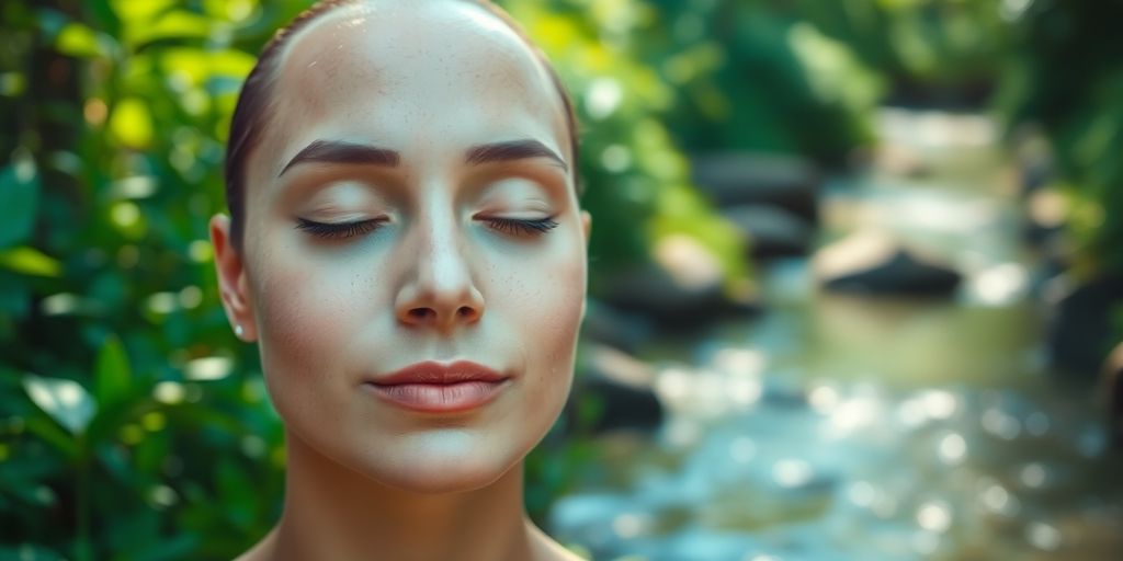 A serene face meditating in a lush green setting.