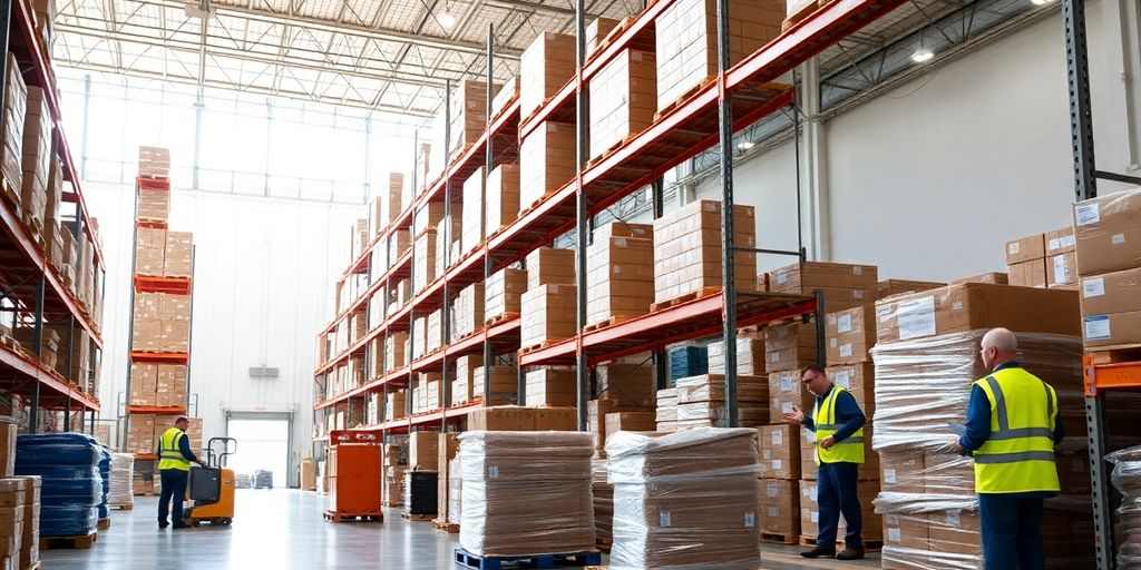 Omaha warehouse with organized shelves and workers in safety gear.
