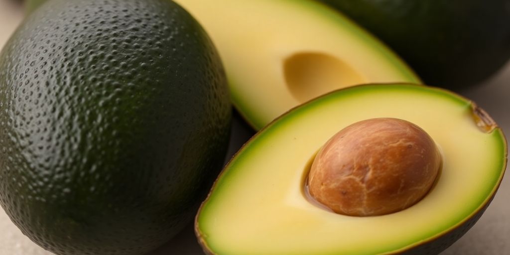 Whole and sliced avocados, creamy green flesh visible.