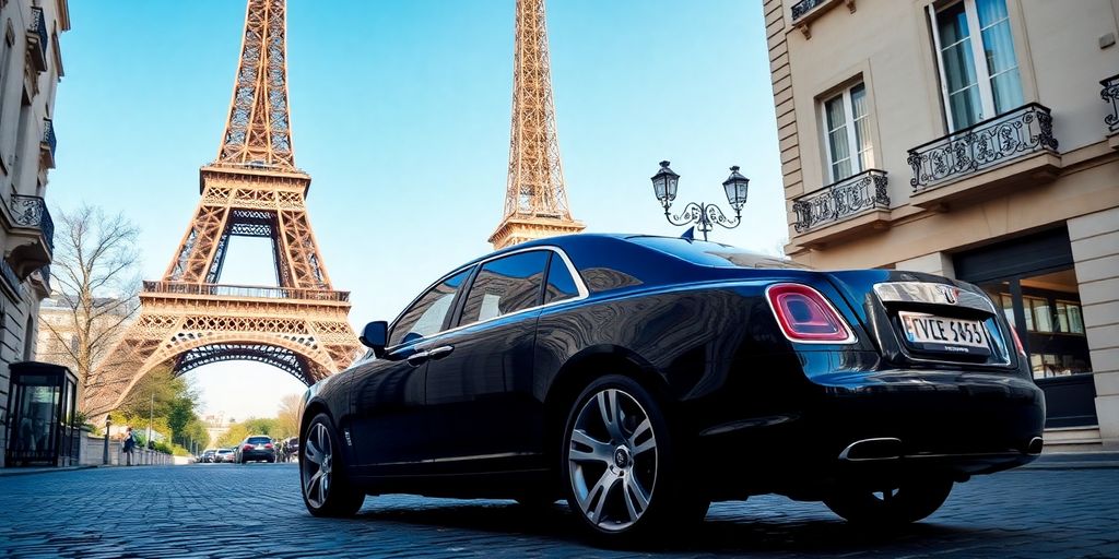 Voiture luxe parisienne, tour Eiffel, rues élégantes