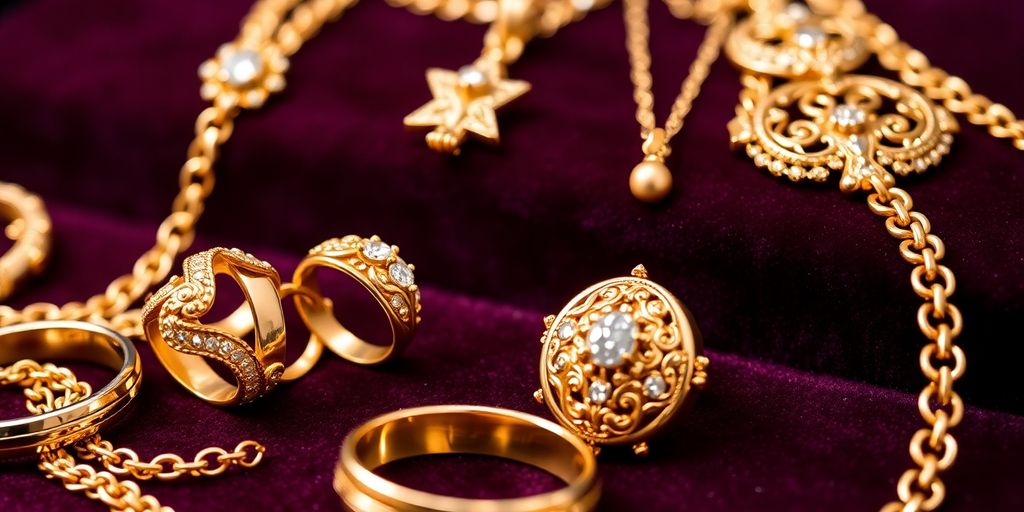 Bijoux en or sur fond en velours luxueux.