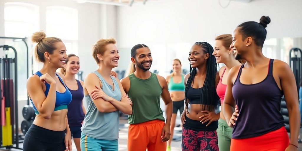 Friends encouraging each other in a gym setting.