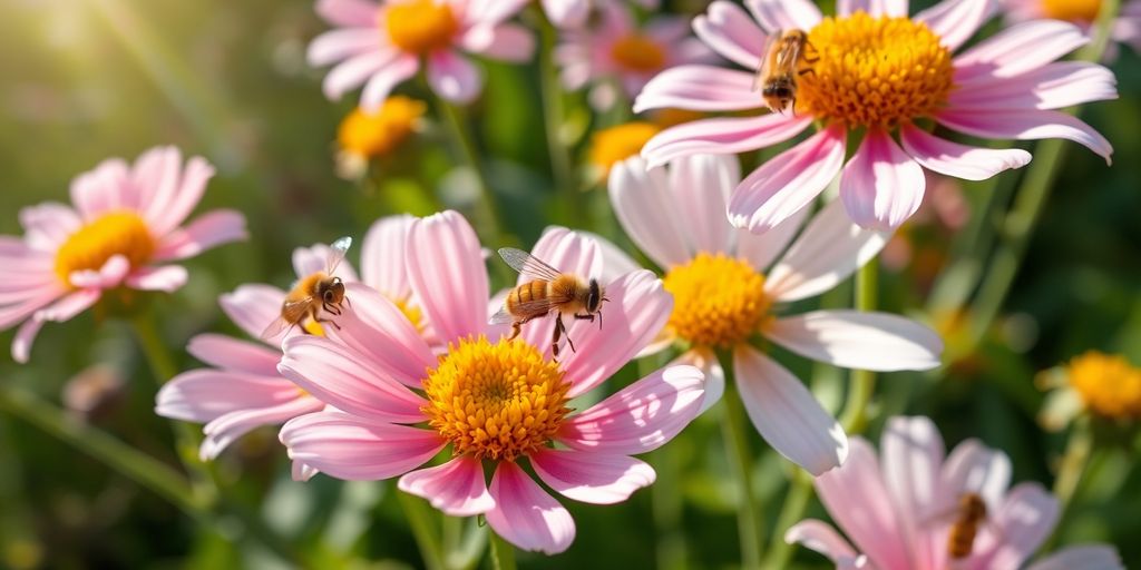 Blühende Pflanzen im Spätsommer mit Bienen.