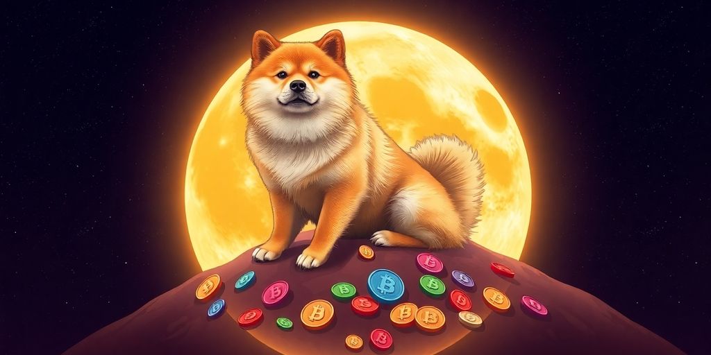 Fluffy dog on moon with crypto chips.