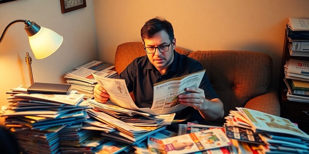 Person sorting through colorful junk mail at a desk.