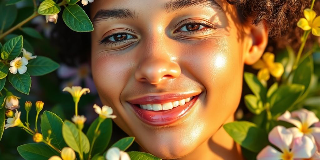 Close-up of glowing skin with natural elements surrounding.
