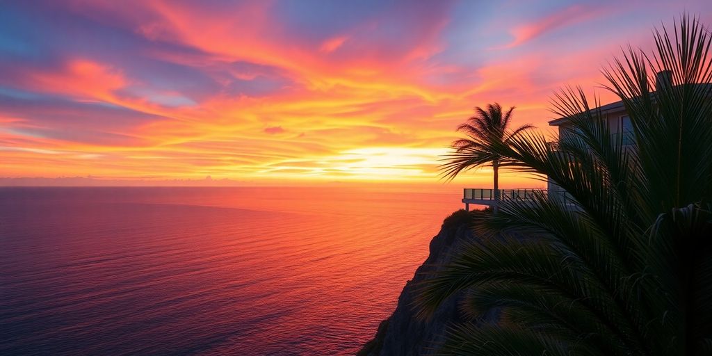 Luxury villa, infinity pool, ocean view, sunset