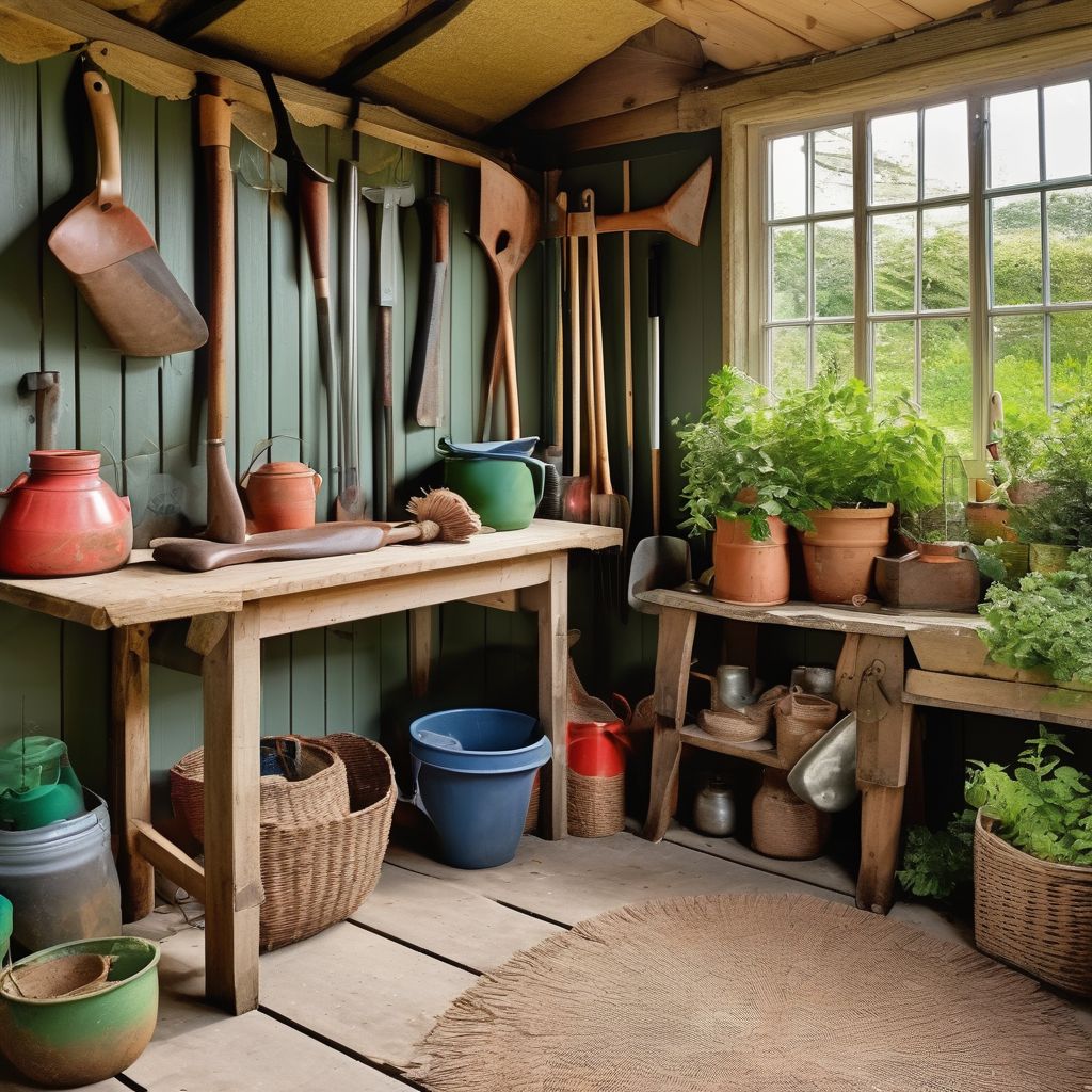 British garden tools and comfort items like kneelers and stools in a well-equipped shed