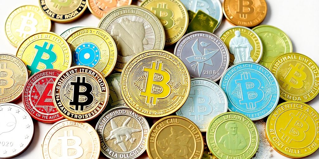 Diversidade de moedas digitais em fundo neutro.