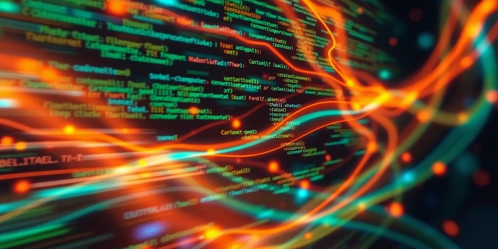 Python code blocks and flowing lines.