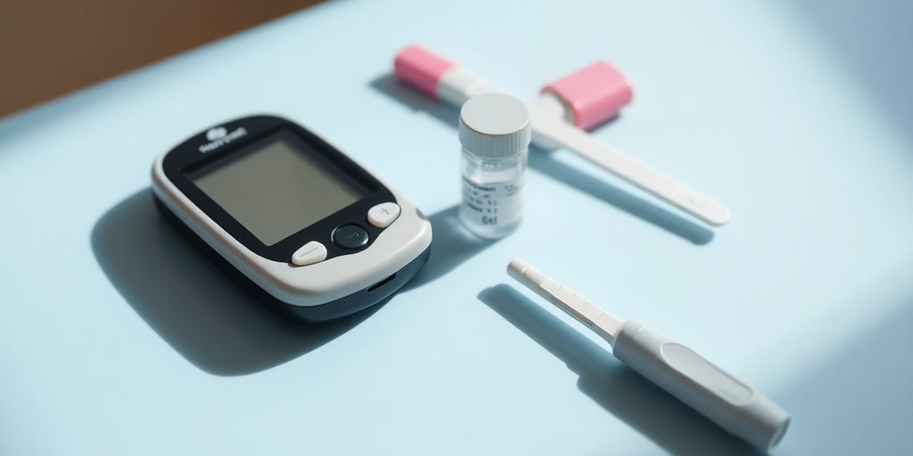 Glucometer, test strips, lancing device on a blue surface.