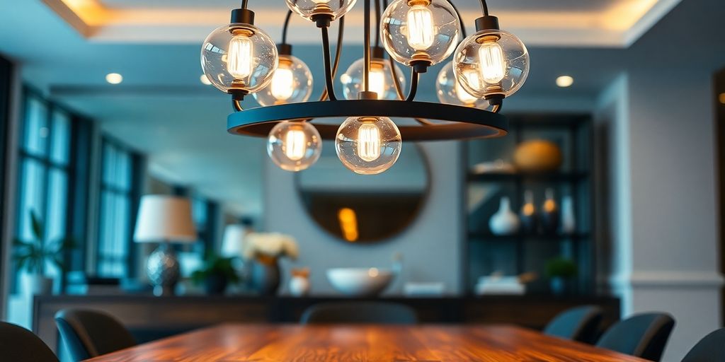 Modern dining room with elegant chandelier, warm glow.