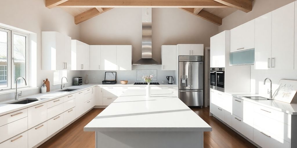 Modern kitchen with island, white cabinets, and natural light.