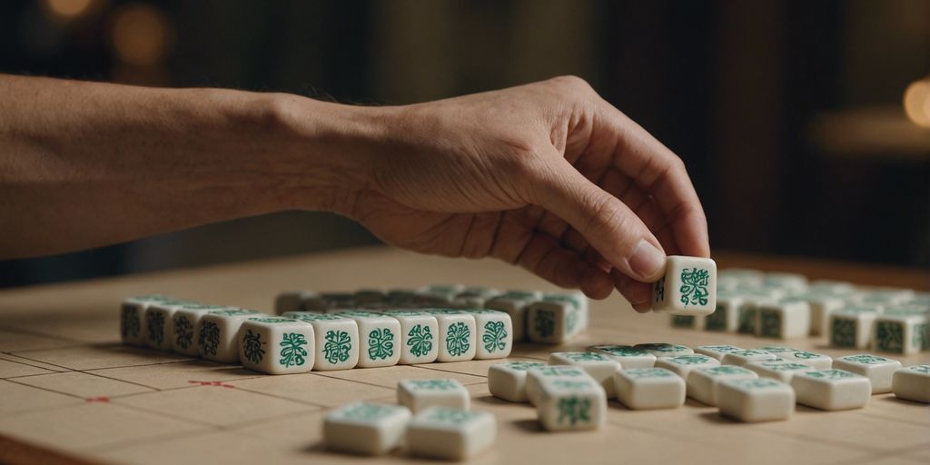 Close-up of a Mahjong game in progress, focusing on a player's hand drawing a tile from the wall.
