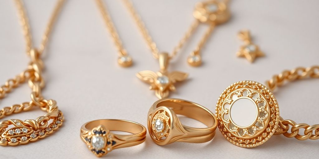 Bijoux en or élégants sur fond neutre.