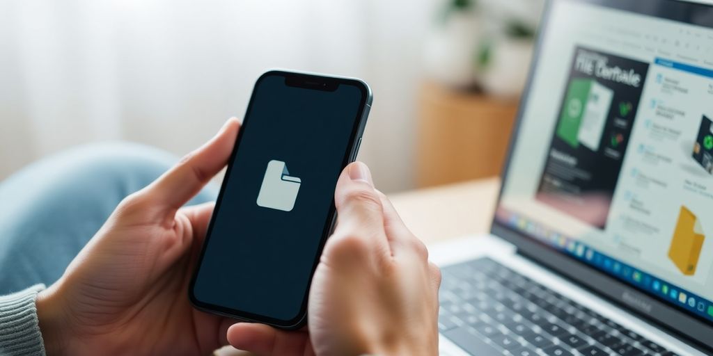 Mãos segurando celular e computador portátil próximos.