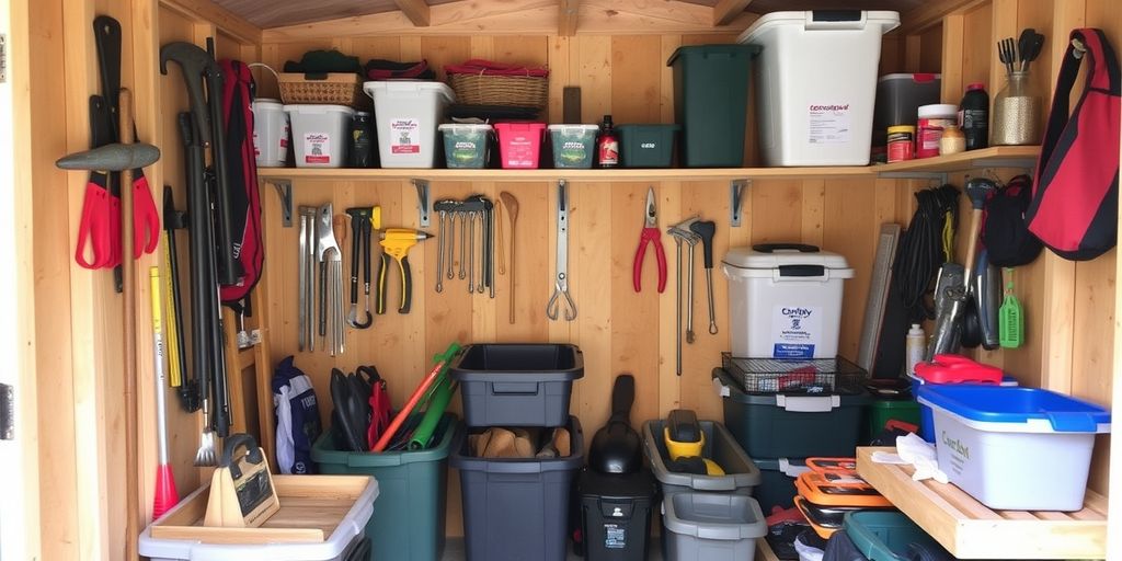 Organized shed with tools and storage bins