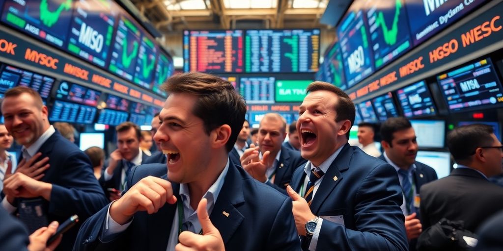 Traders on a stock exchange floor discussing stock movements.