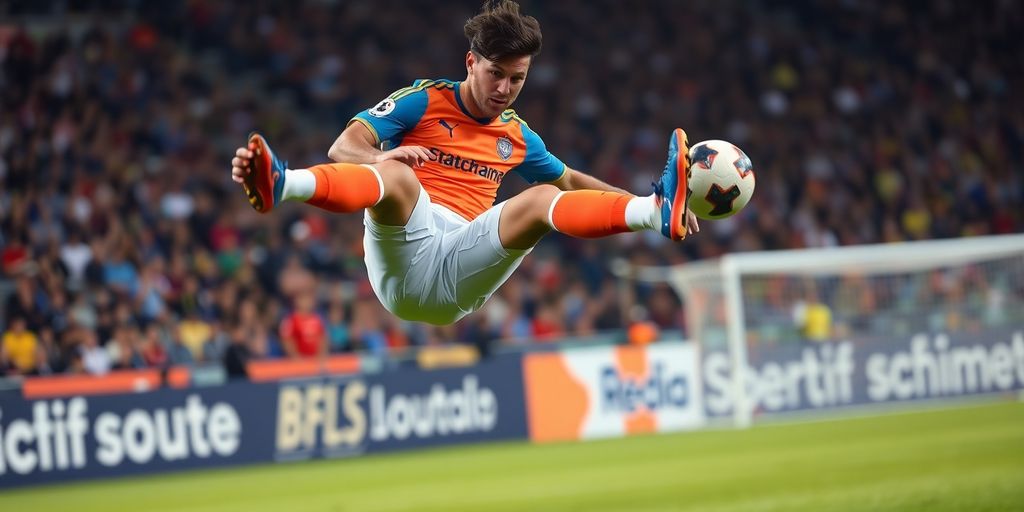 Soccer player executing a bicycle kick in mid-air.