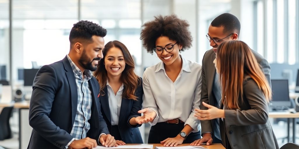Samenwerkende collega's met vrolijke gezichten