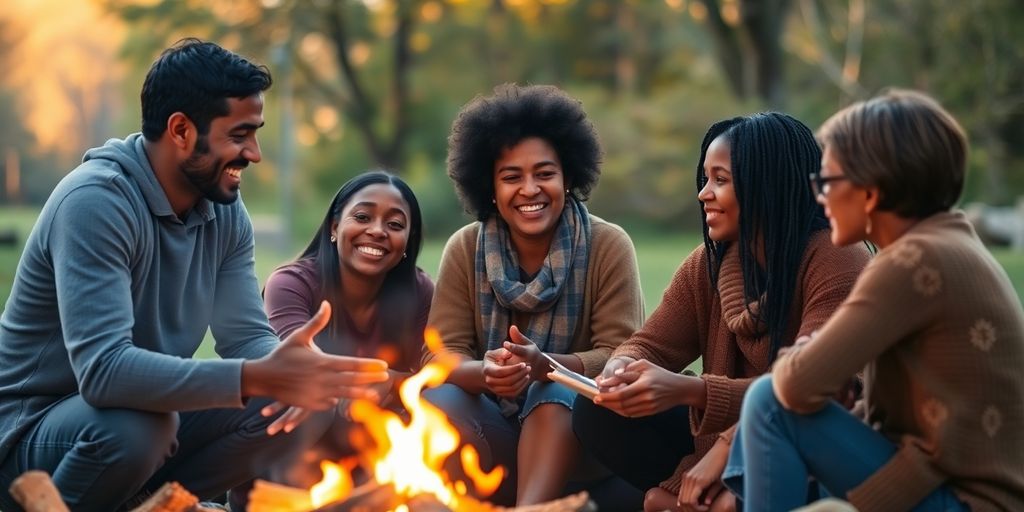 Adults sharing stories by a warm campfire in nature.