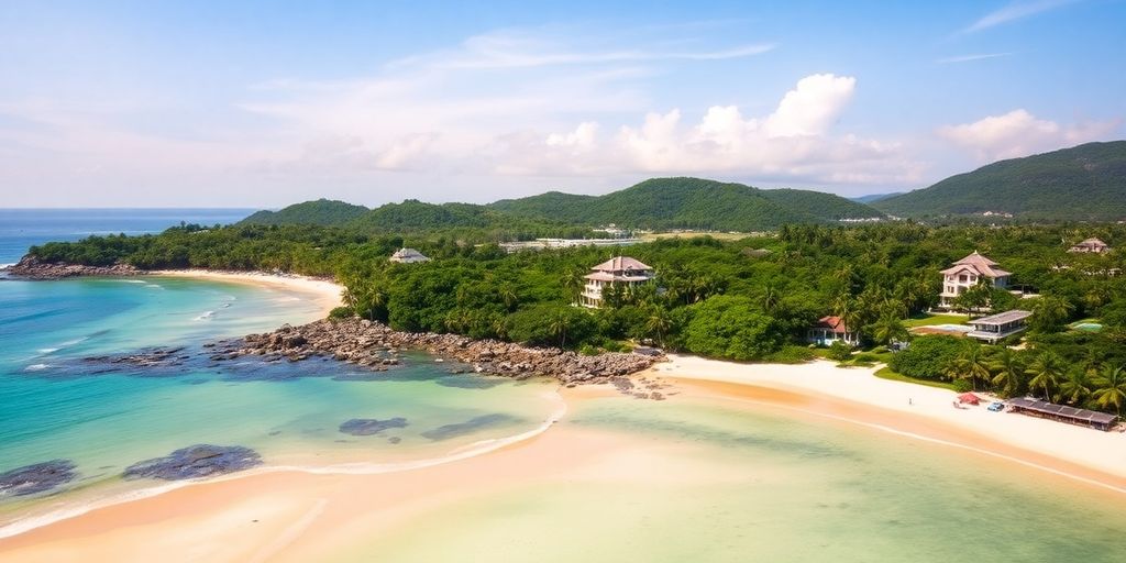 Scenic Samui beach with luxury villas and tropical greenery.