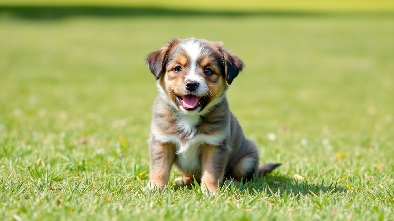 Happy puppy sitting on grass in Coogee