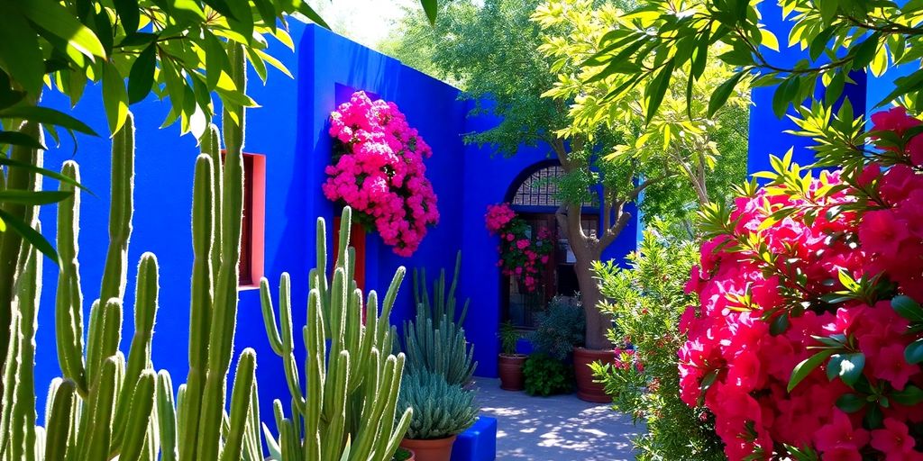 Jardin Majorelle, couleurs vives, plantes luxuriantes